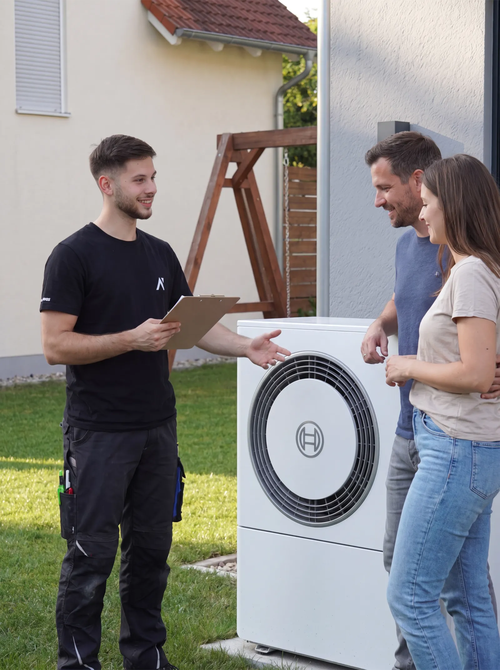 Berater von Ay-Haustechnik im Kundengespräch vor einer neuen Bosch-Wärmepumpe im Garten